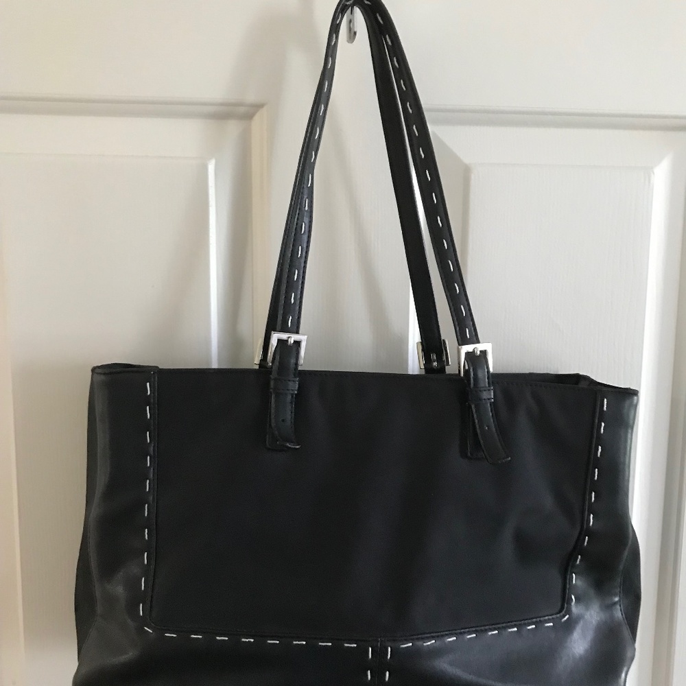DKNY CITY Black Leather & Nylon W/ White Stitching . Handbag, Hobo,double Handle